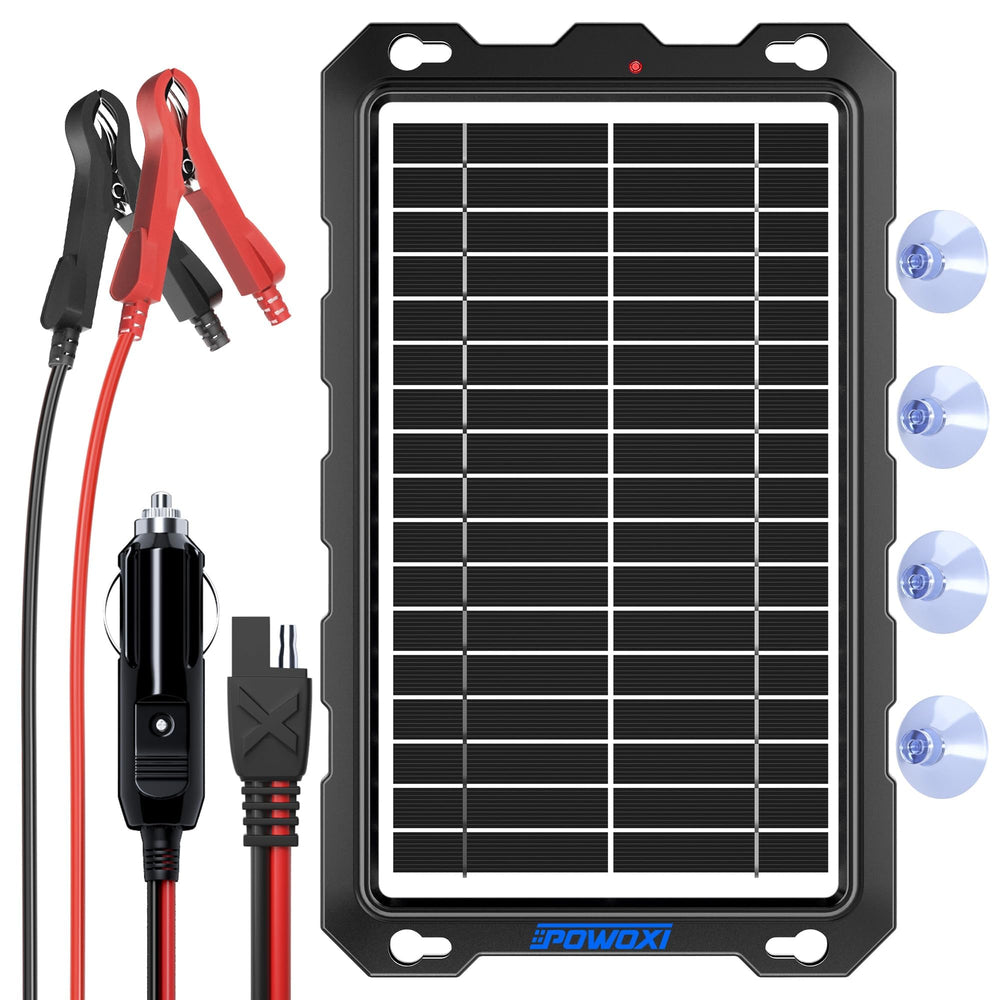 Front view of POWOXI 9W solar battery charger with glass panel
