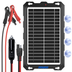 Front view of POWOXI 9W solar battery charger with glass panel