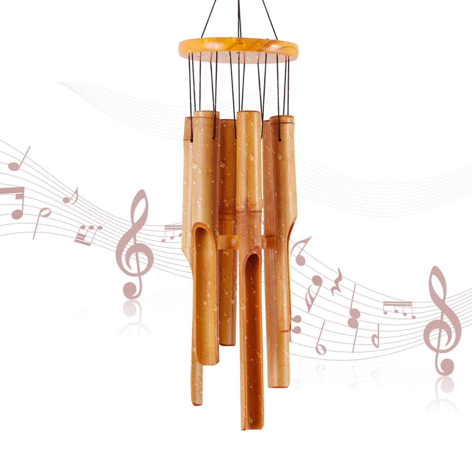 Front view of Rdutuok 32-inch bamboo wind chimes with yellow finish