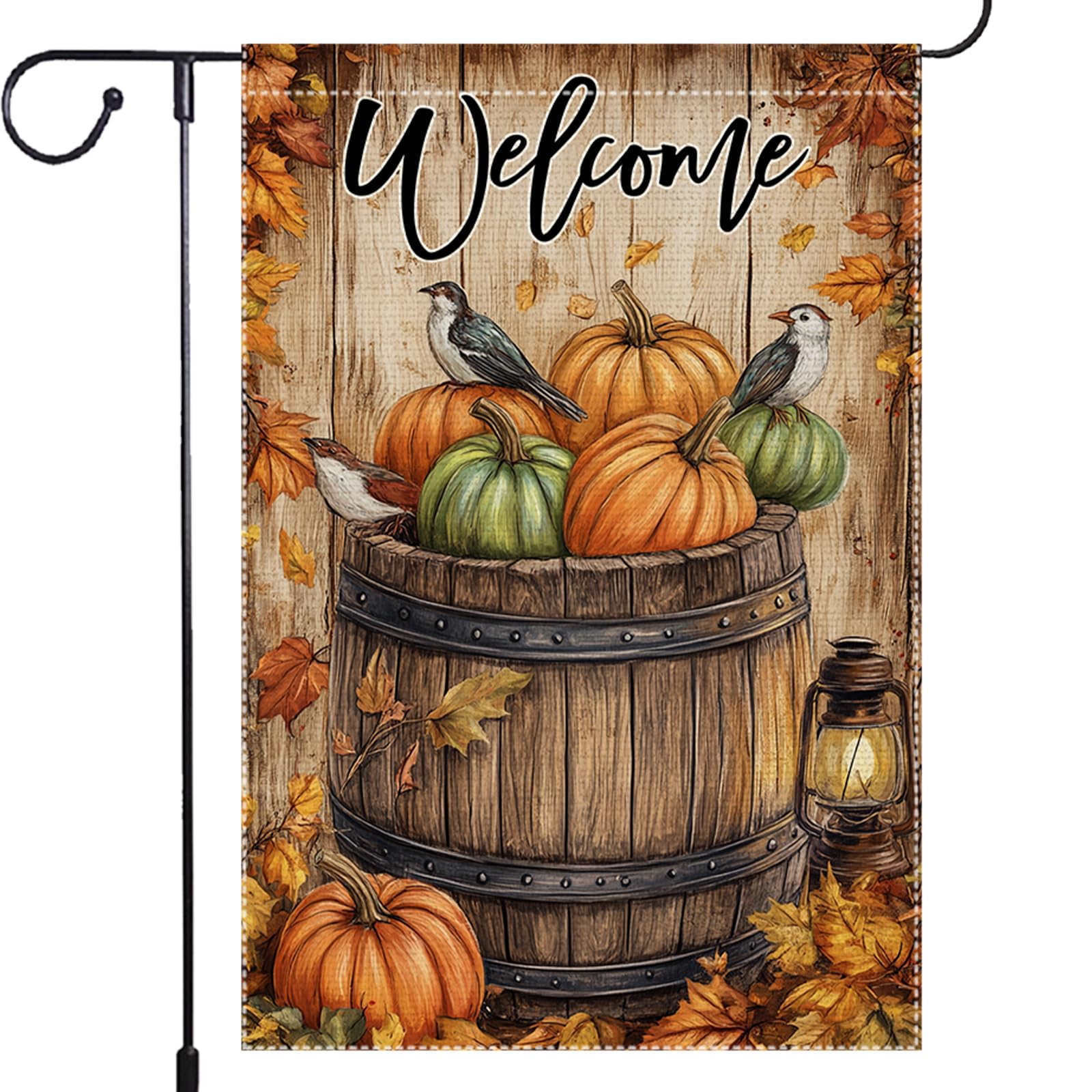 Front view of RMXJKIIU Fall Maple Leaf Garden Flag with pumpkins and birds