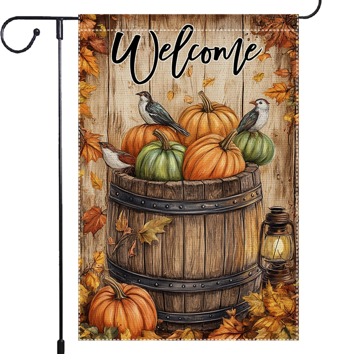 Front view of RMXJKIIU Fall Maple Leaf Garden Flag with pumpkins and birds