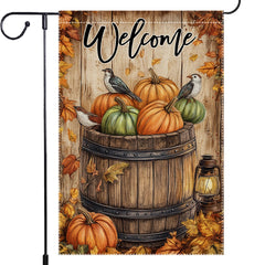Front view of RMXJKIIU Fall Maple Leaf Garden Flag with pumpkins and birds