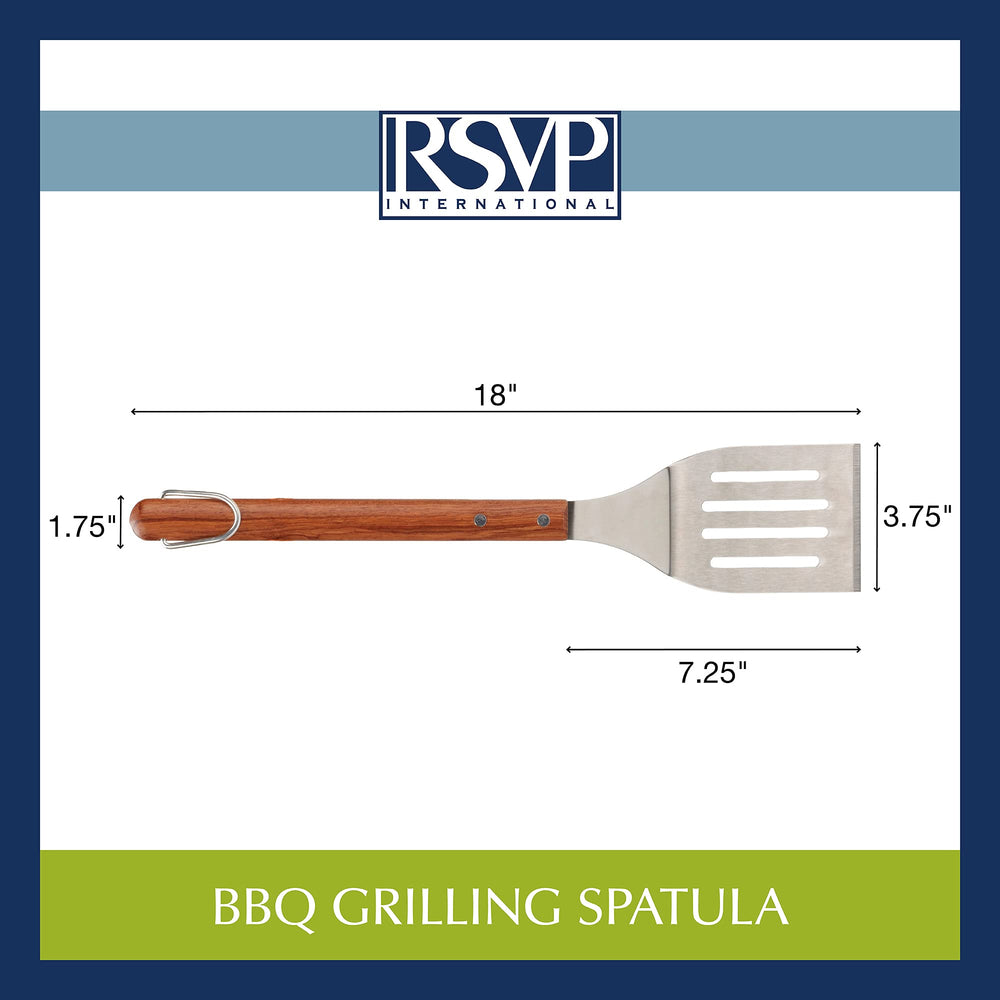 Front view of RSVP International BBQ Spatula against a wooden background