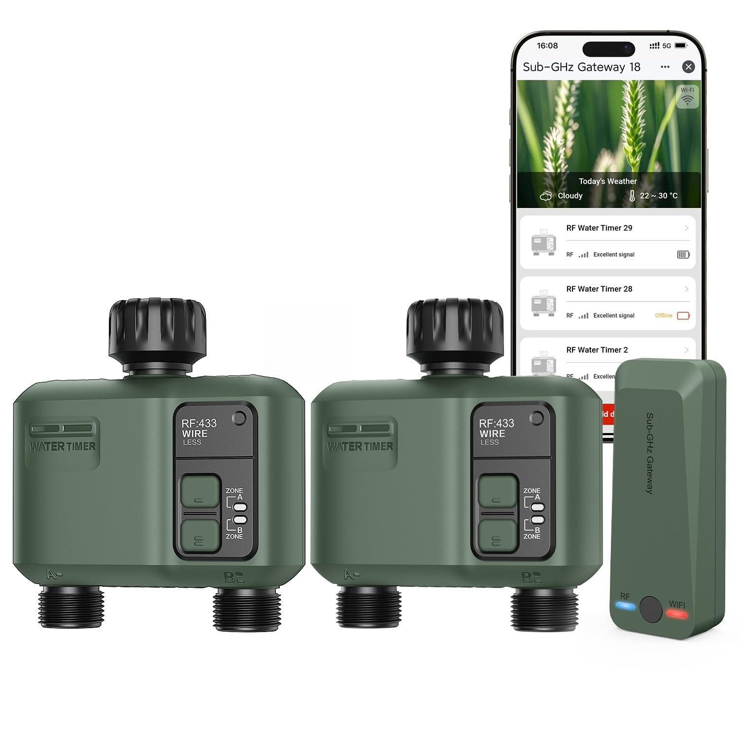 Front view of Shrivee WiFi Water Timer 2-pack in green
