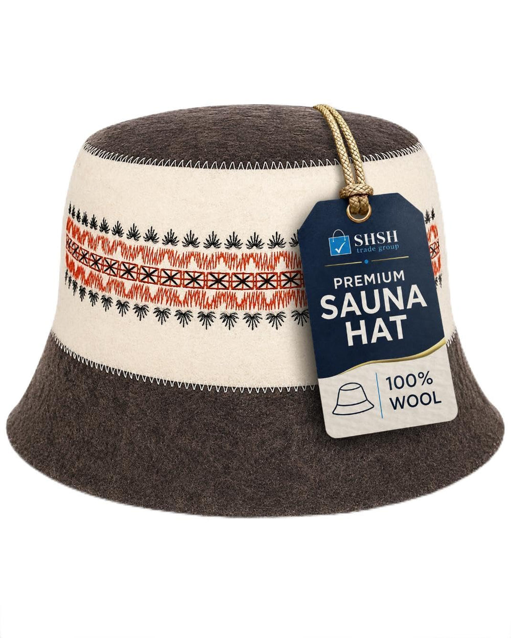 Front view of SHSH trade group Ukrainian Wool Sauna Hat with Vyshyvanka embroidery