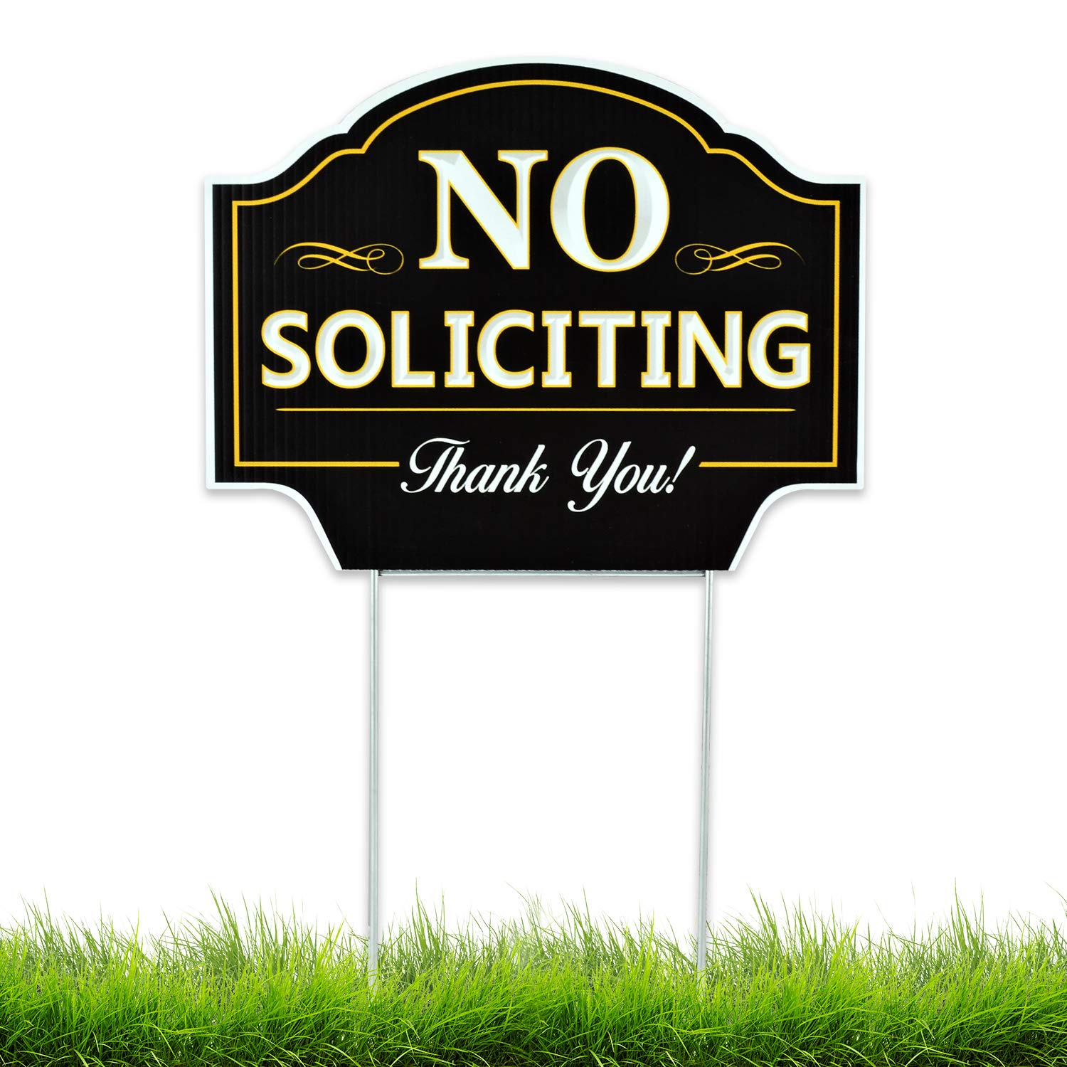 Front view of Signs Authority No Soliciting Sign 11.5"x9" with metal H-stake