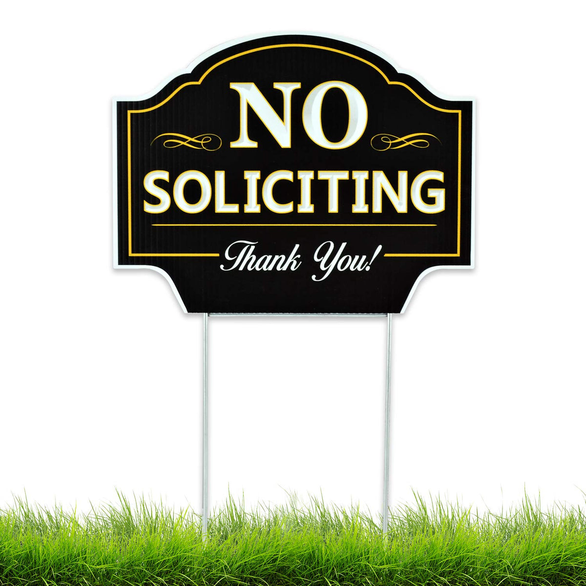 Front view of Signs Authority No Soliciting Sign 11.5"x9" with metal H-stake