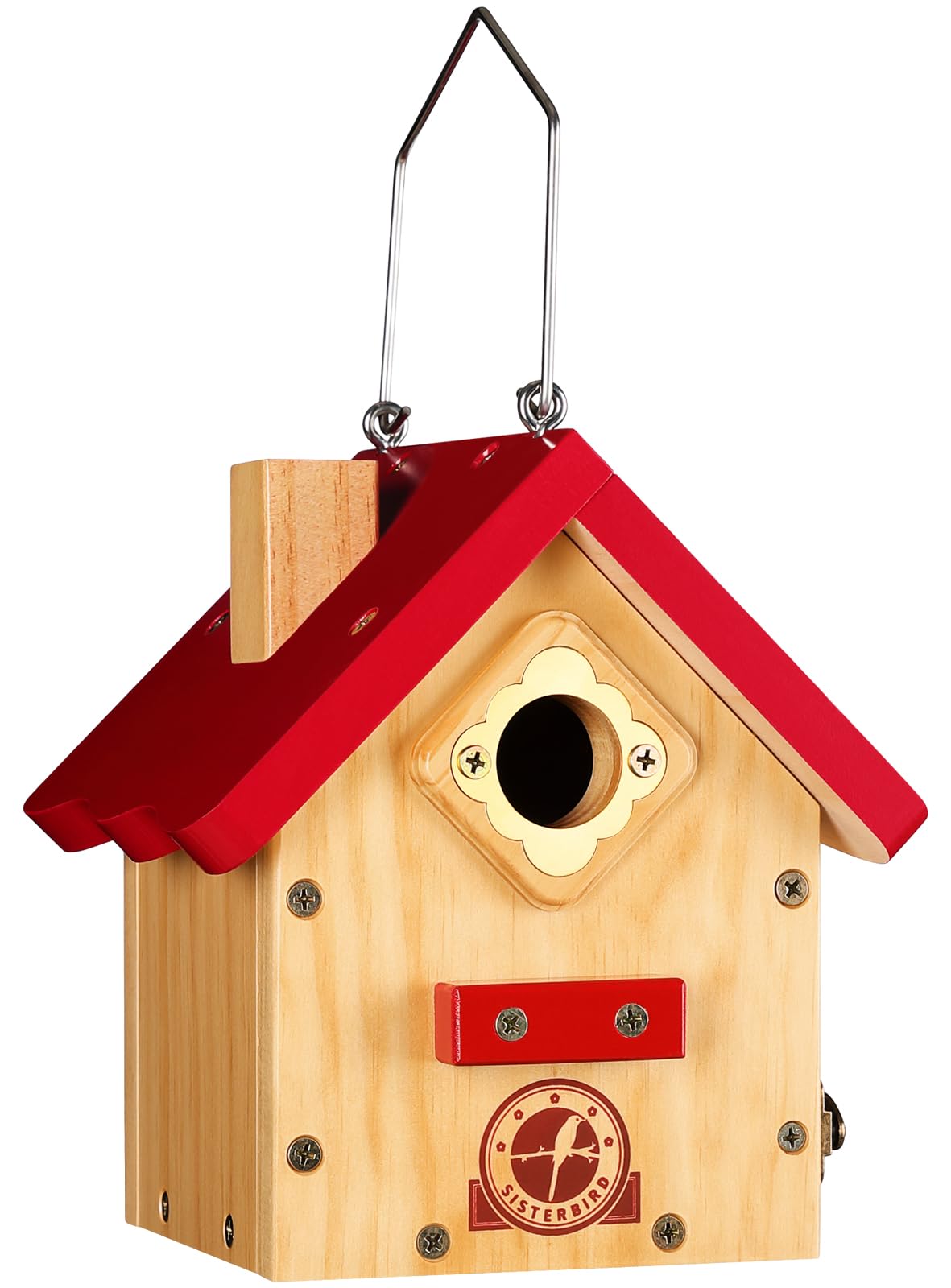 Front view of SISTERBIRD Wren Bird House in red with wooden accents