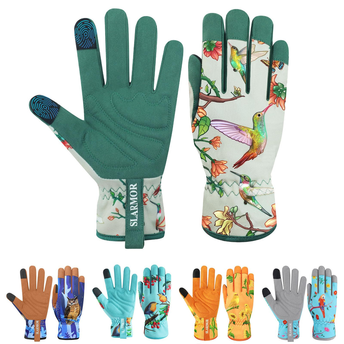 Front view of SLARMOR Gardening Gloves for Women with Hummingbird design