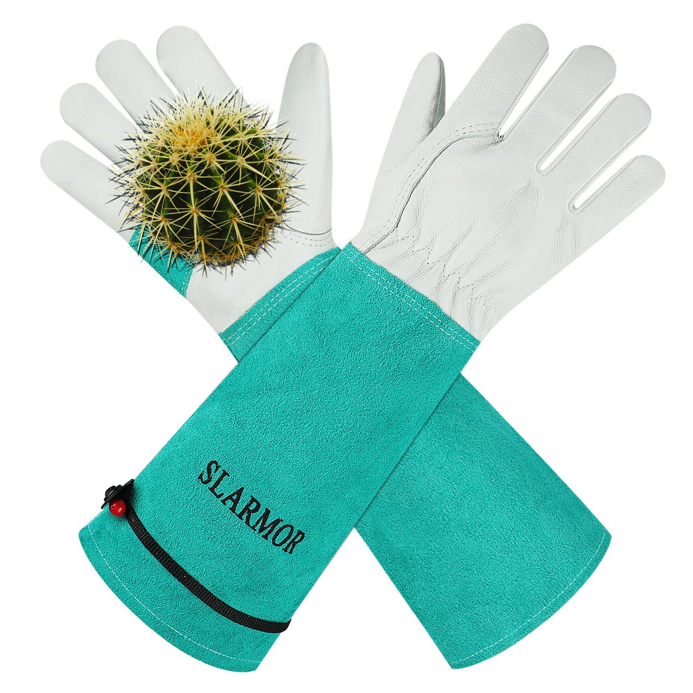 Front view of SLARMOR Gardening Gloves in green leather
