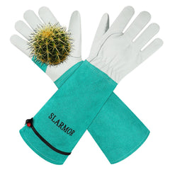 Front view of SLARMOR Gardening Gloves in green leather