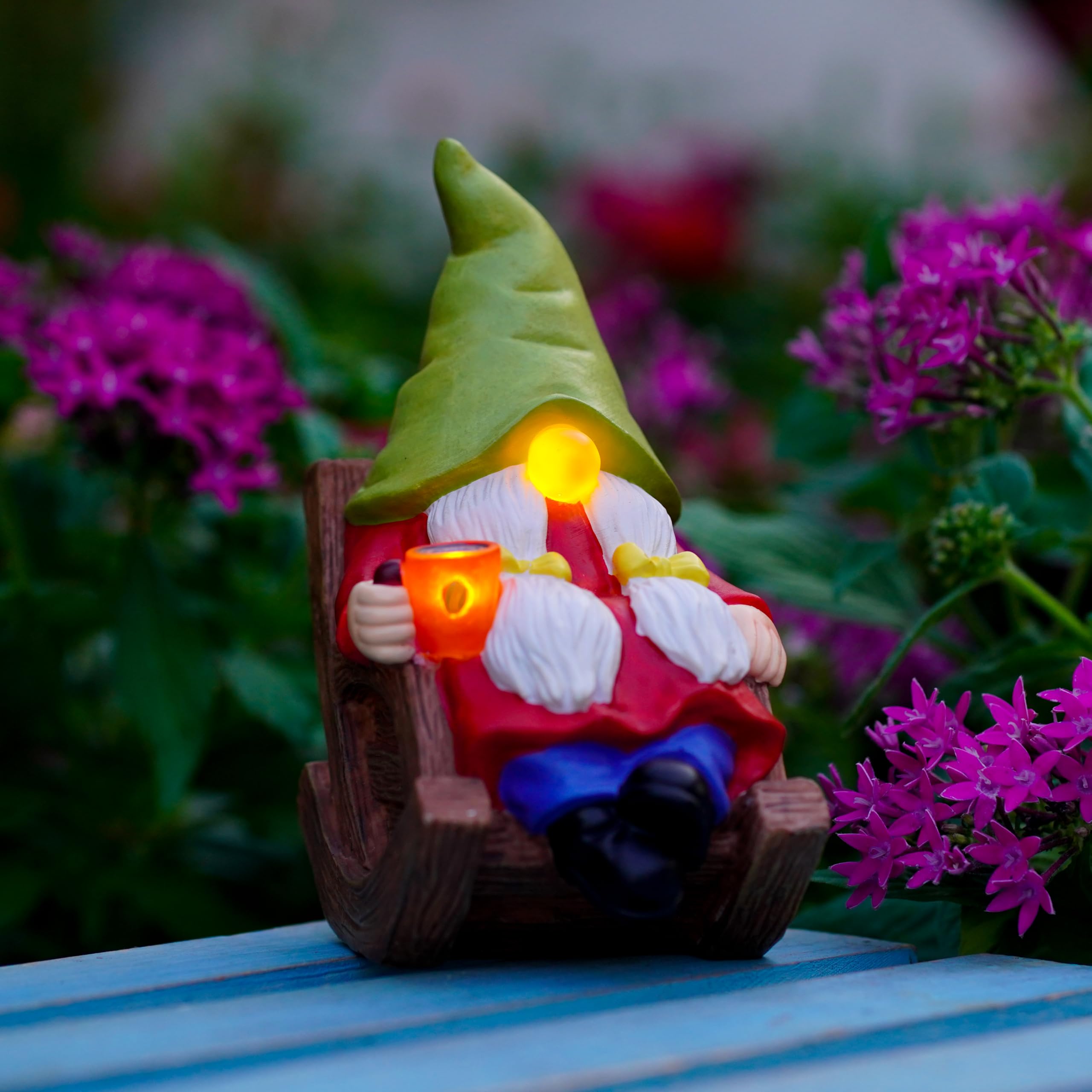 Front view of Solar Powered Relax Garden Gnome Statue with LED nose