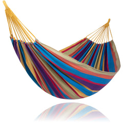 Front view of SUNCREAT Outdoor Double Hammock in Rainbow Stripes