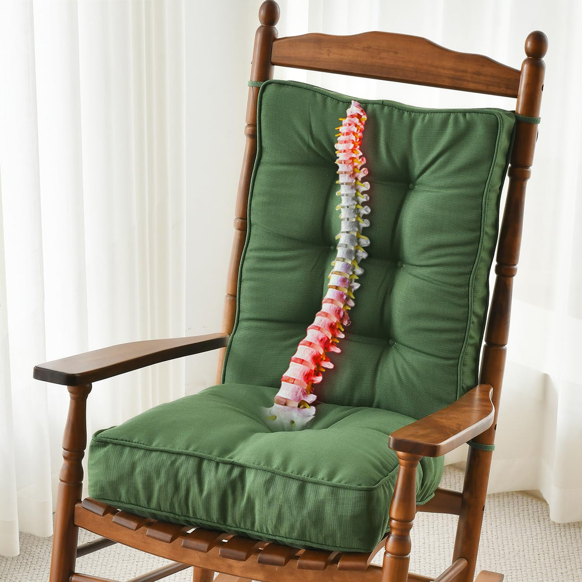 Front view of SUNROX Memory Foam rocking chair cushion set in army green