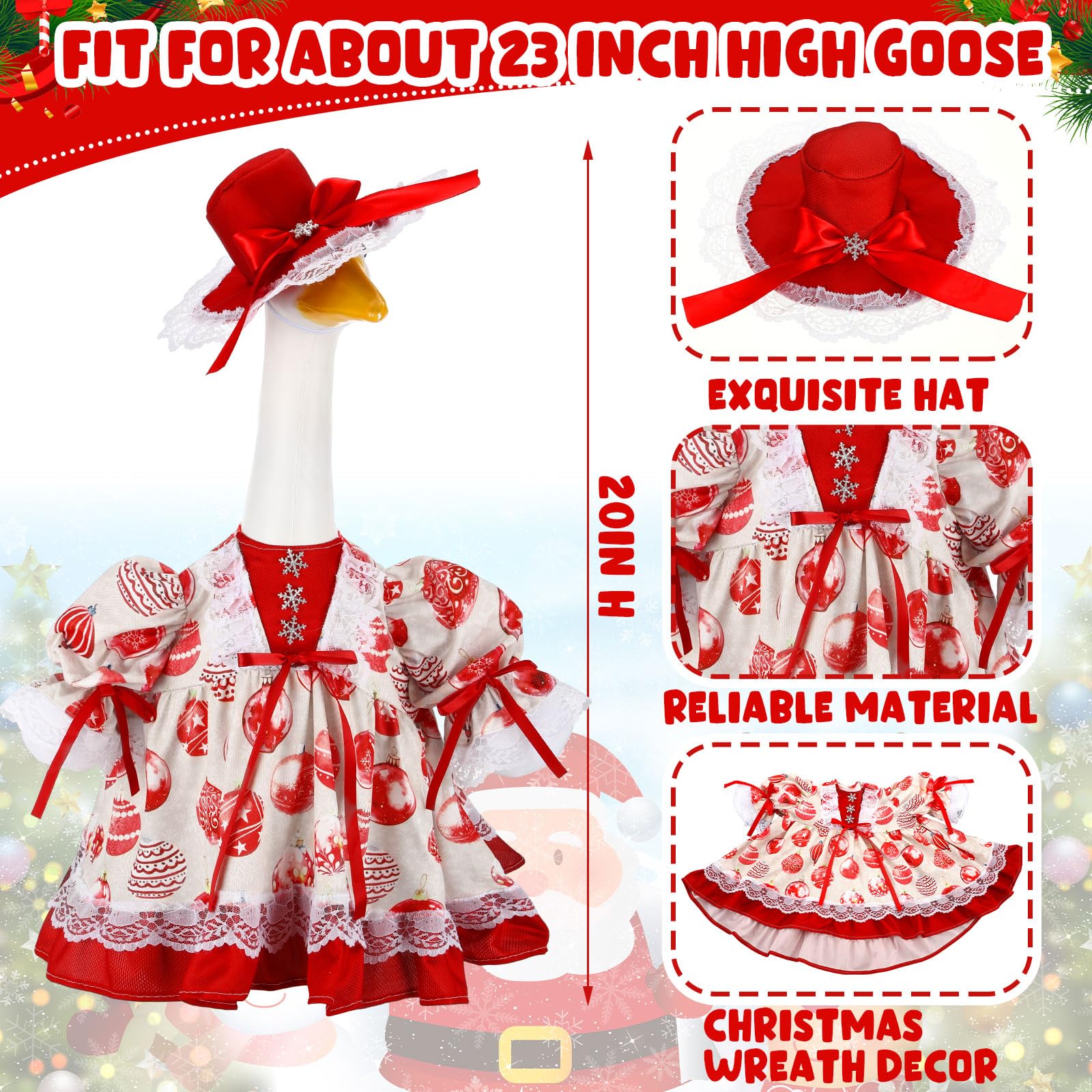 Front view of Suzile Christmas Ball Goose Costume on a 23-inch lawn goose