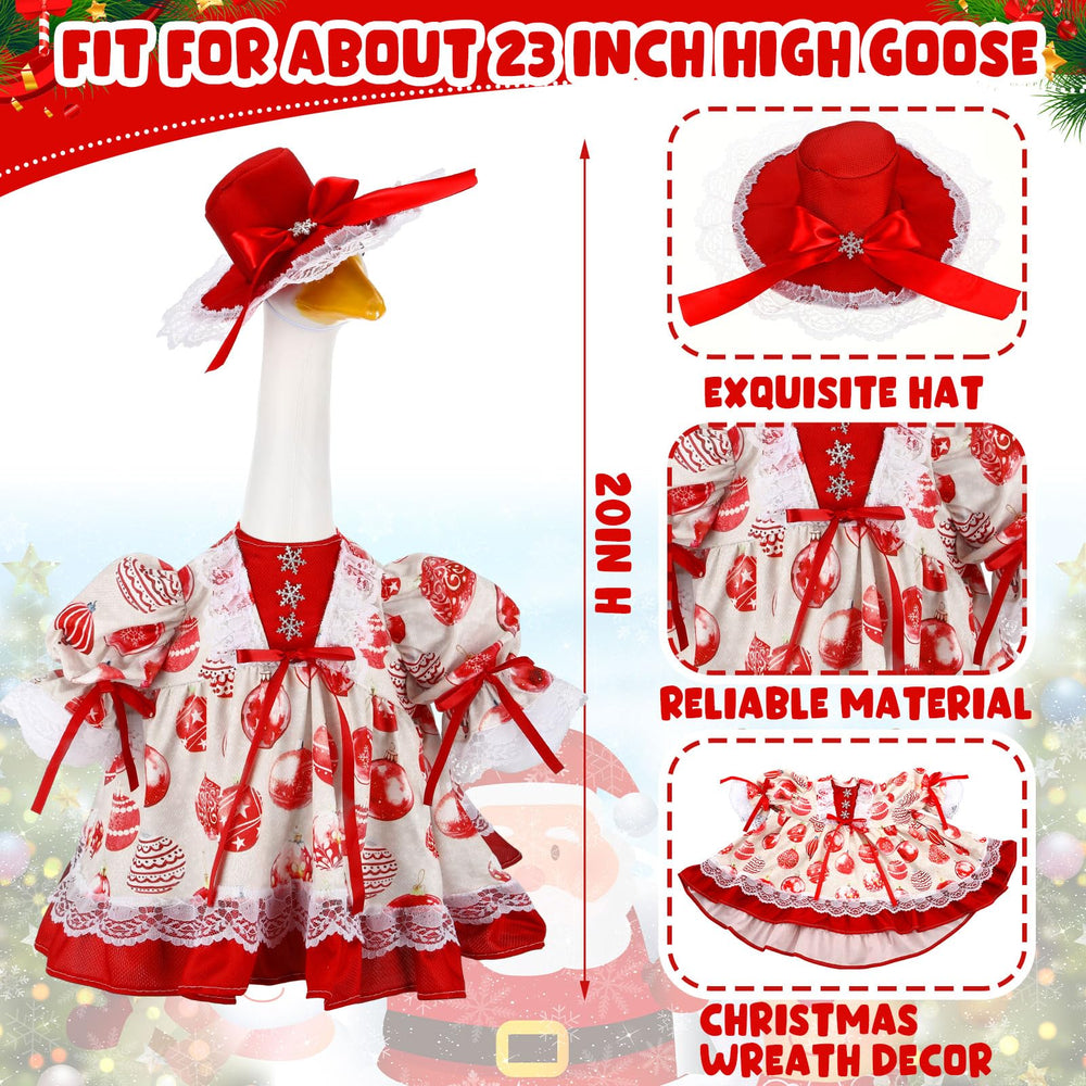 Front view of Suzile Christmas Ball Goose Costume on a 23-inch lawn goose