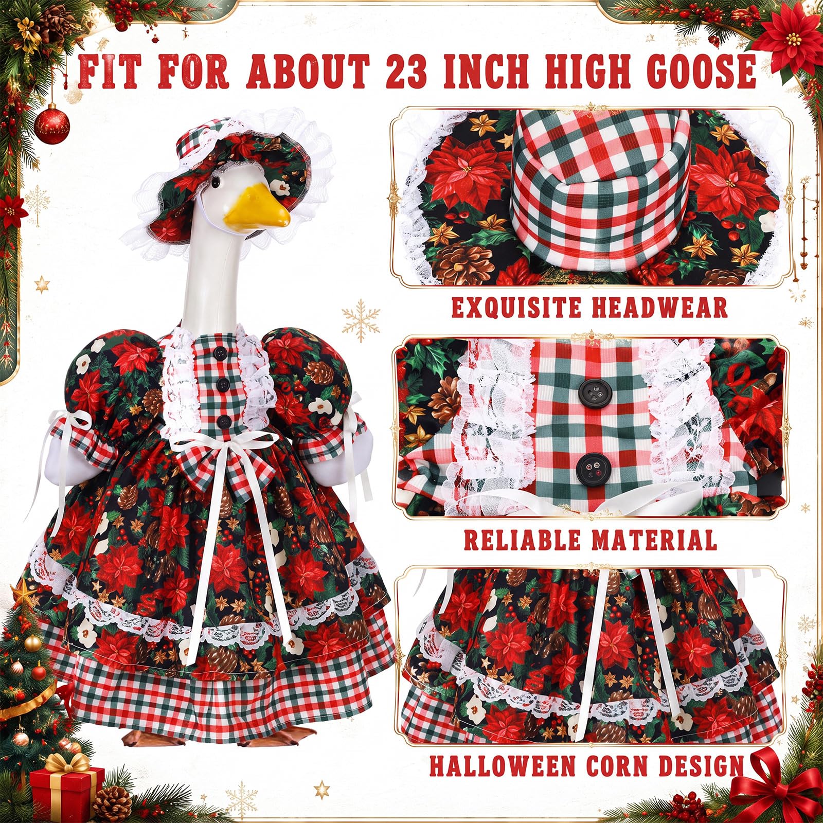 Front view of Suzile Christmas Goose Outfit in red and green