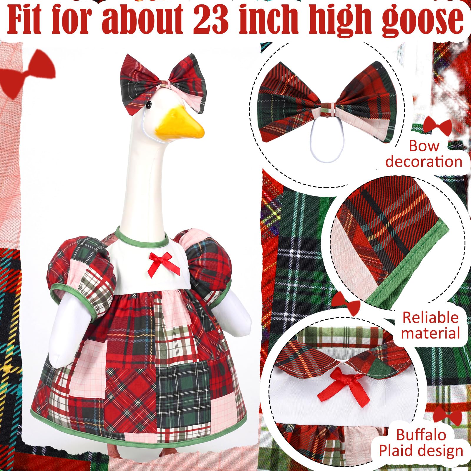 Front view of Suzile Christmas Goose Outfit on a garden statue