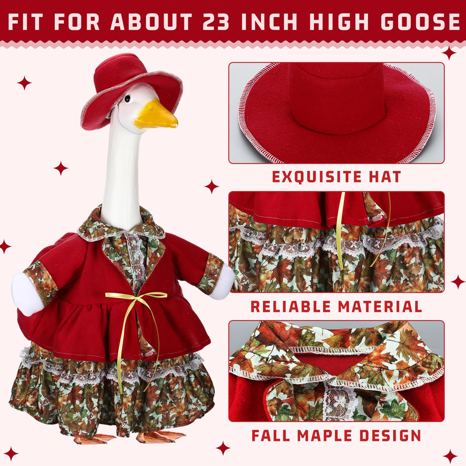 Front view of Suzile Fall Goose Outfit showing maple leaf printed dress