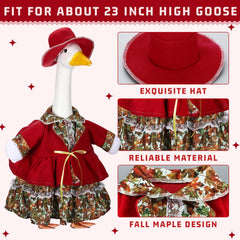 Front view of Suzile Fall Goose Outfit showing maple leaf printed dress