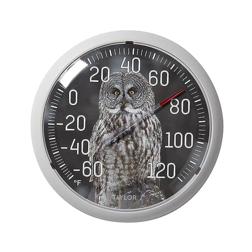 Front view of Taylor 13.25 Inch Gray Owl Dial Thermometer