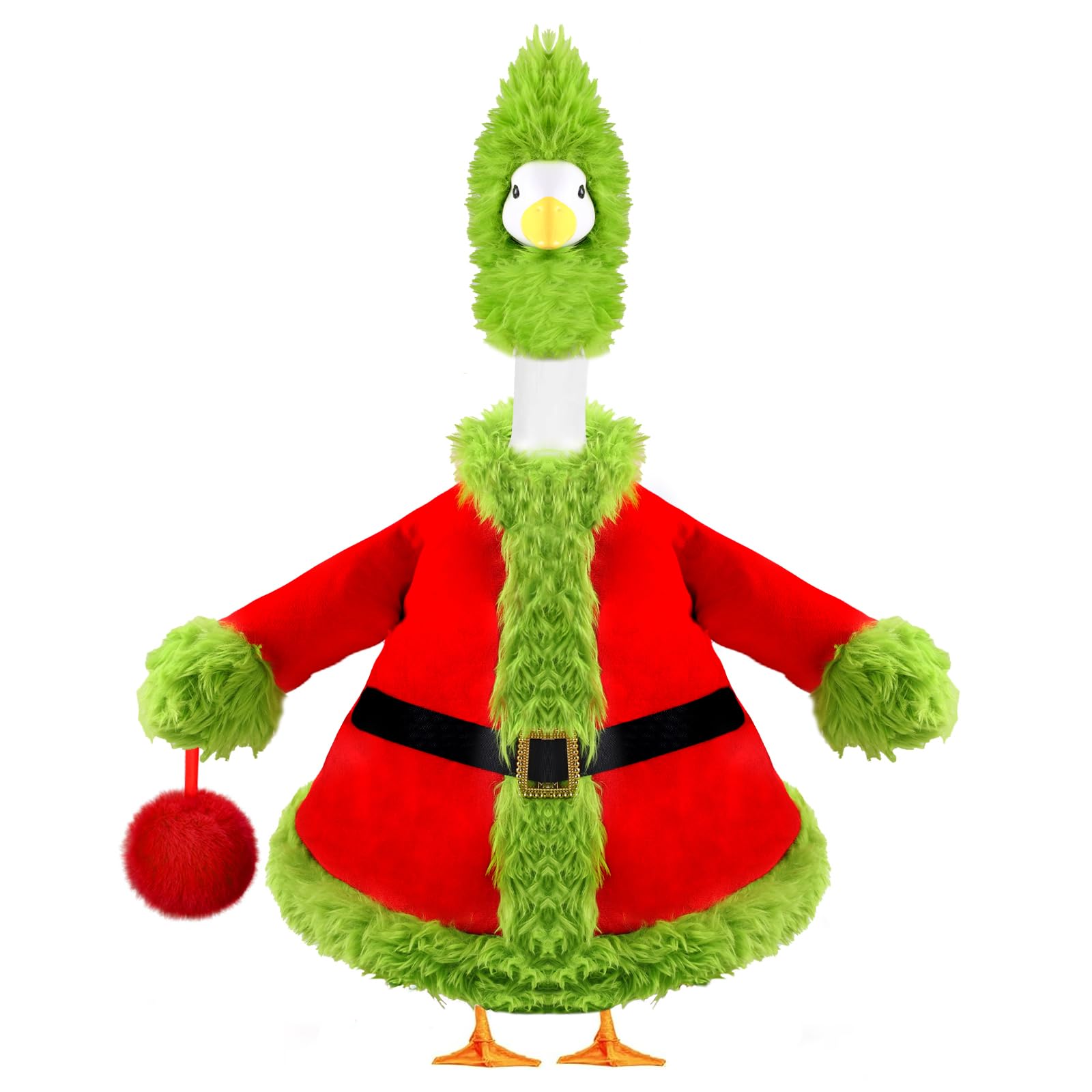 Front view of Teeanzo Christmas Goose Outfit with red and green fabric