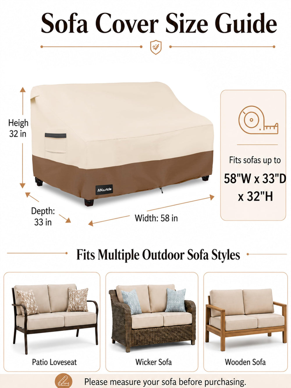 Front view of the ANartcle Patio Loveseat Cover with dimensions