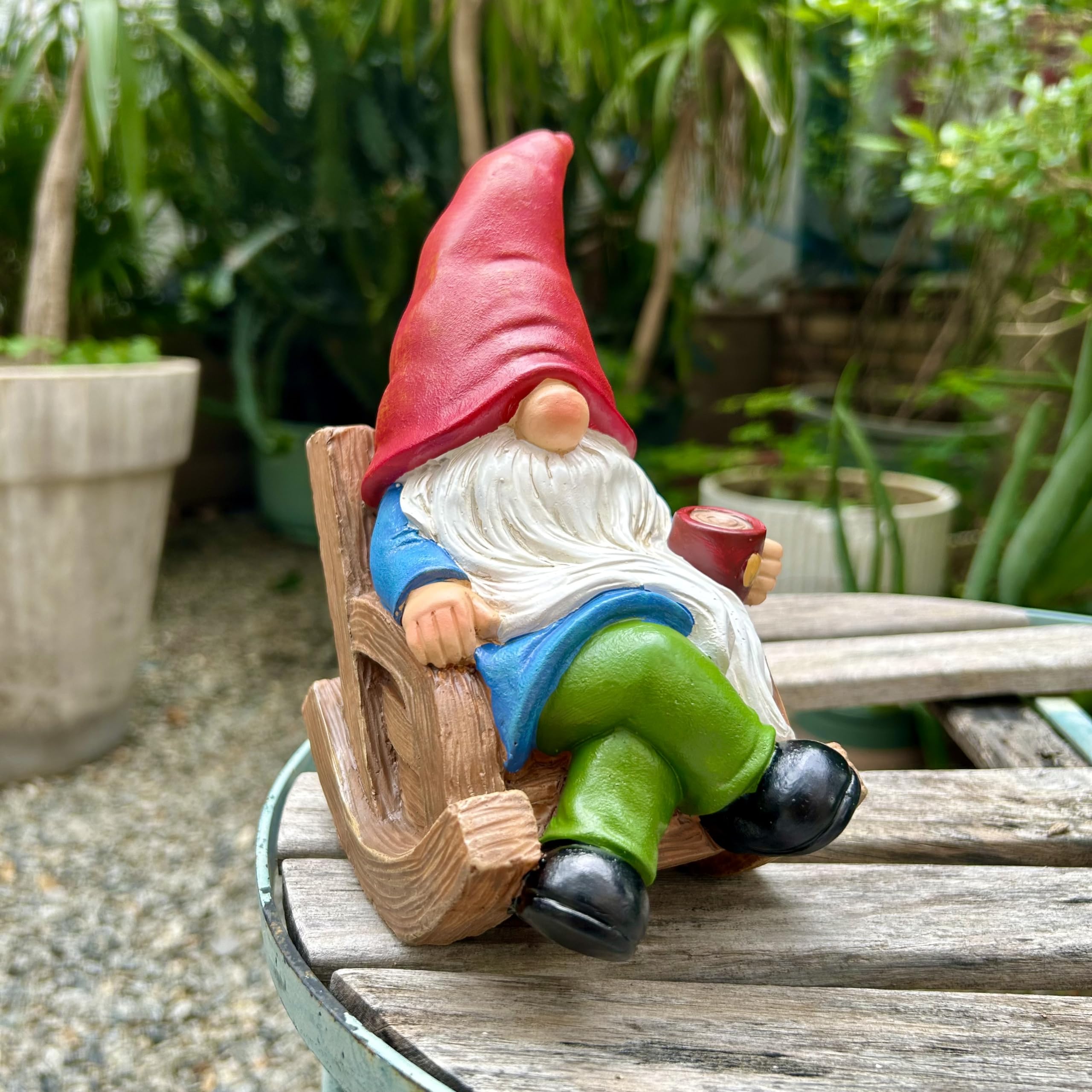 Front view of the Generic Coffee Drinking Gnome Statue holding a coffee cup