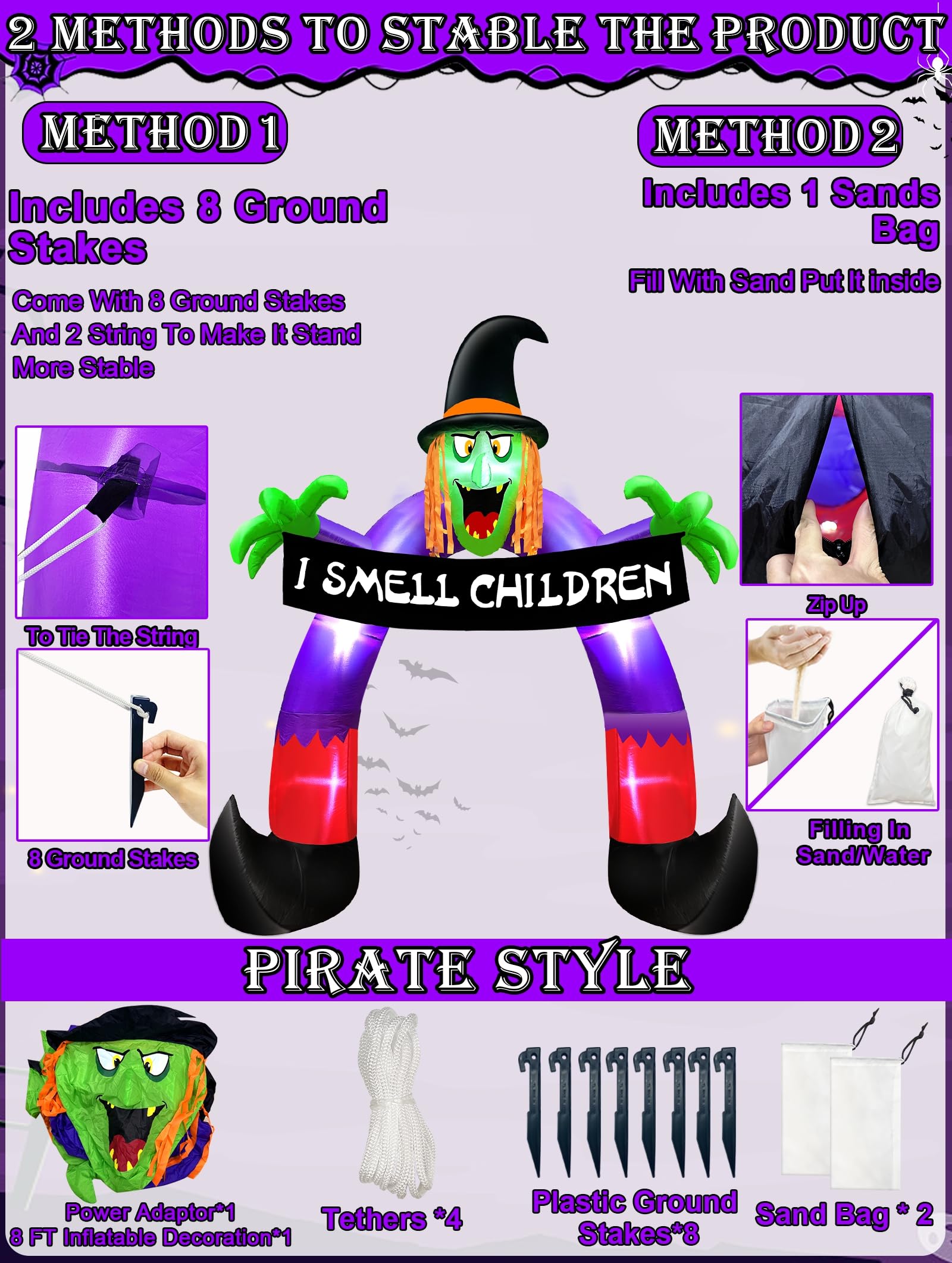 Front view of the inflatable witch archway with plastic stakes and sandbags