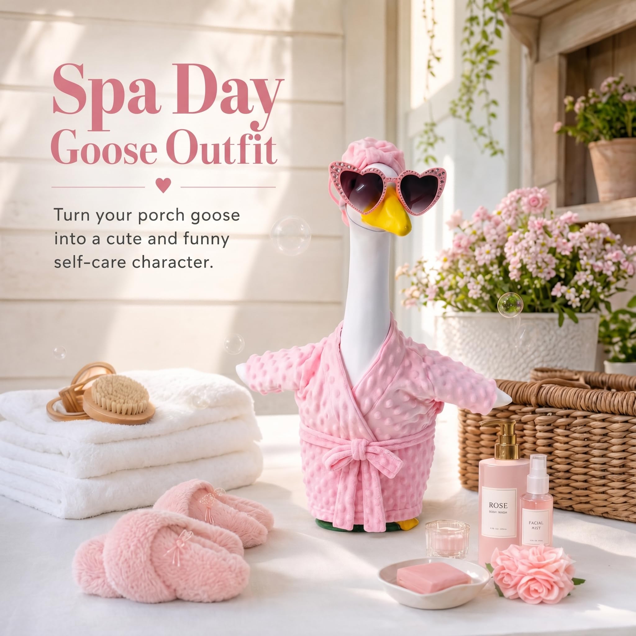 Front view of the pink bathrobe for garden goose