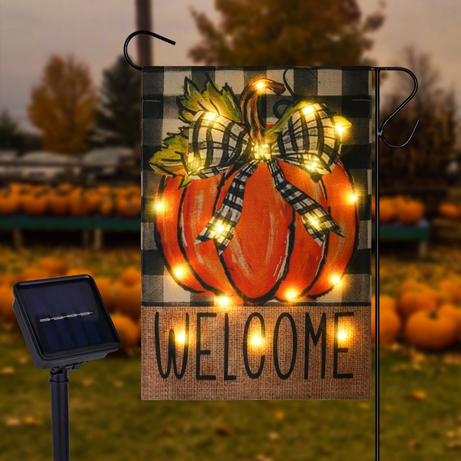Front view of the Solar Thanksgiving Garden Flag with LED lights