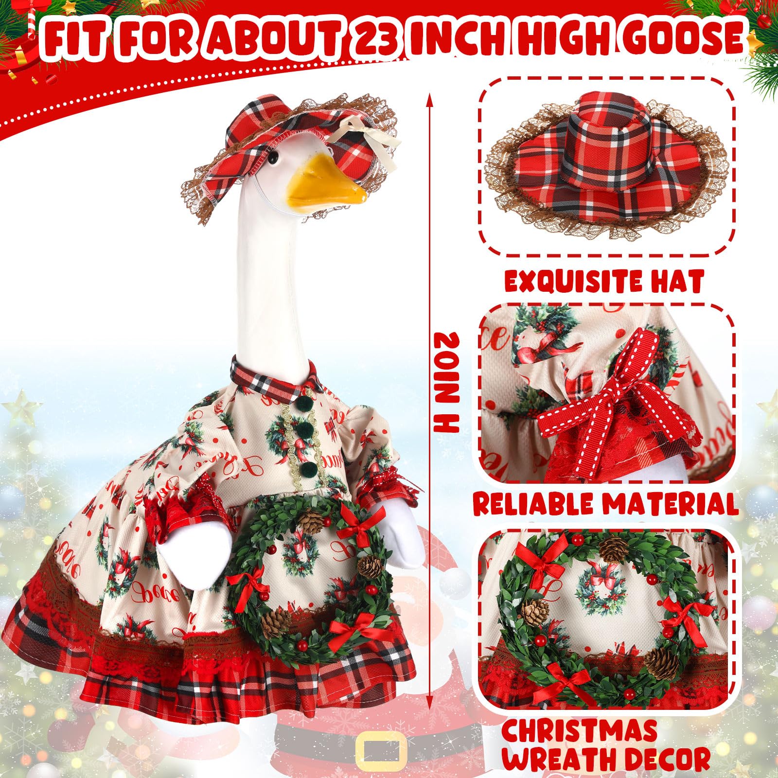 Front view of the Suzile Christmas wreath costume on a lawn goose