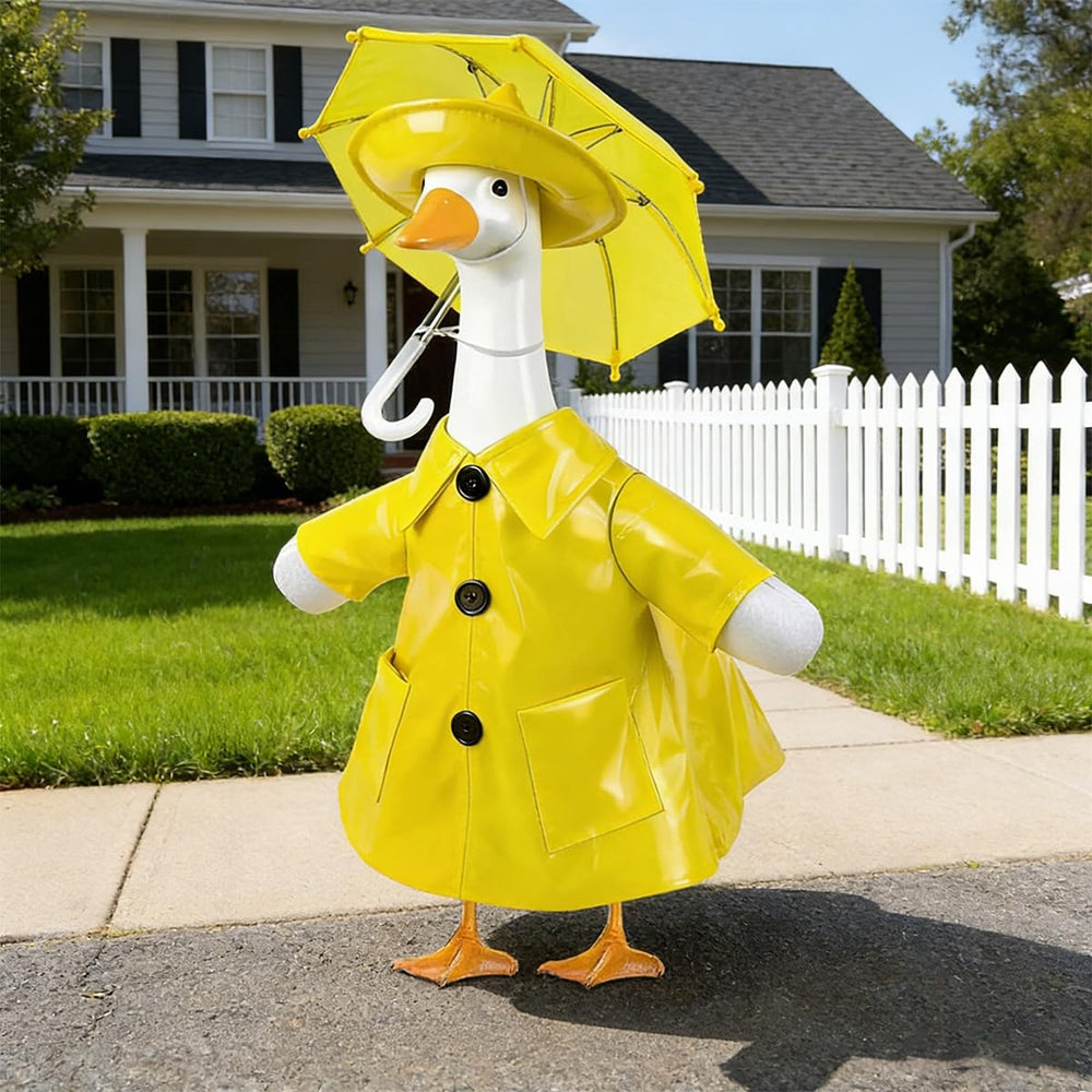 Front view of the yellow raincoat for goose statue