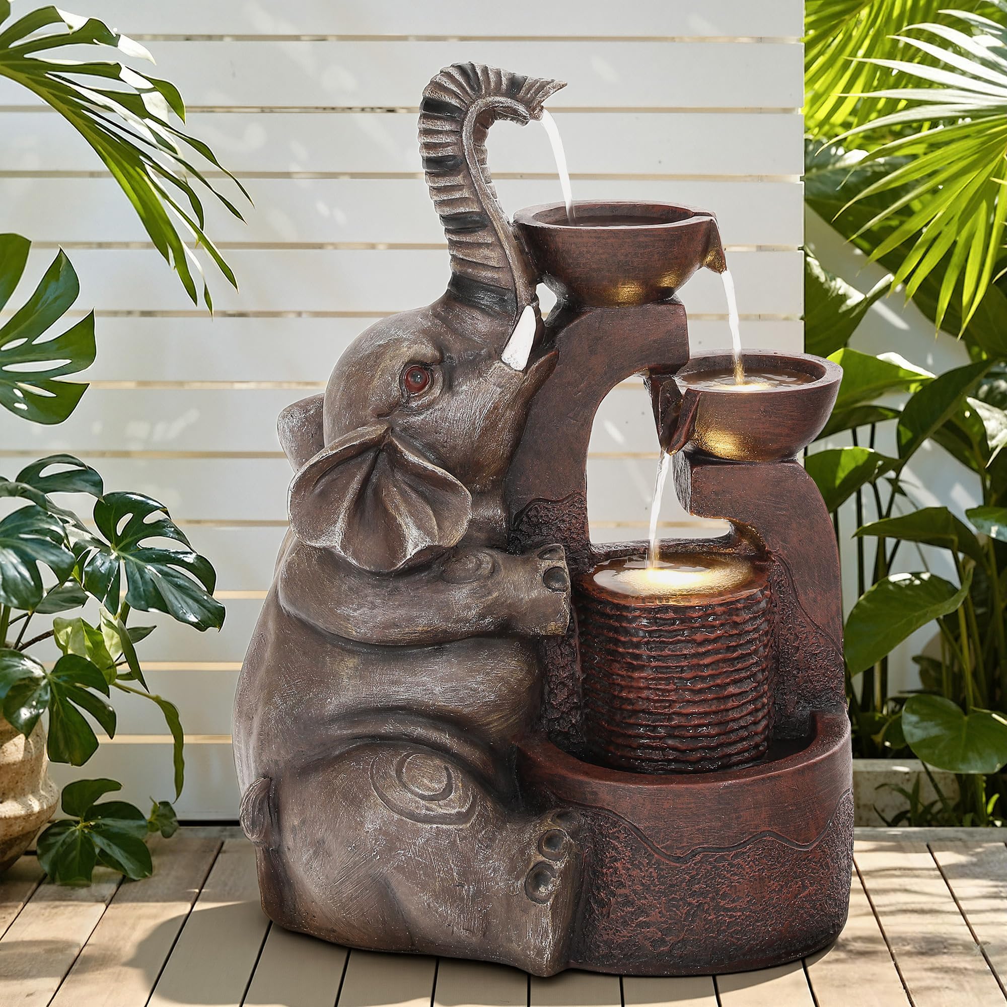 Front view of Ultym 20-inch Elephant Outdoor Fountain with LED lighting