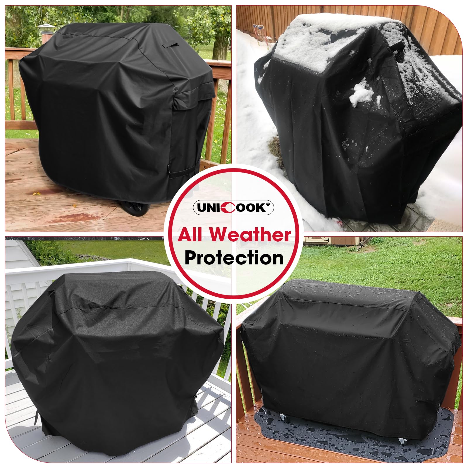 Front view of Unicook grill cover showing dimensions