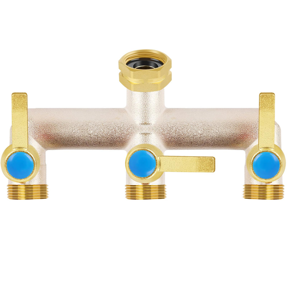 Front view of UQM 3 Way Brass Garden Hose Splitter, silver gold finish