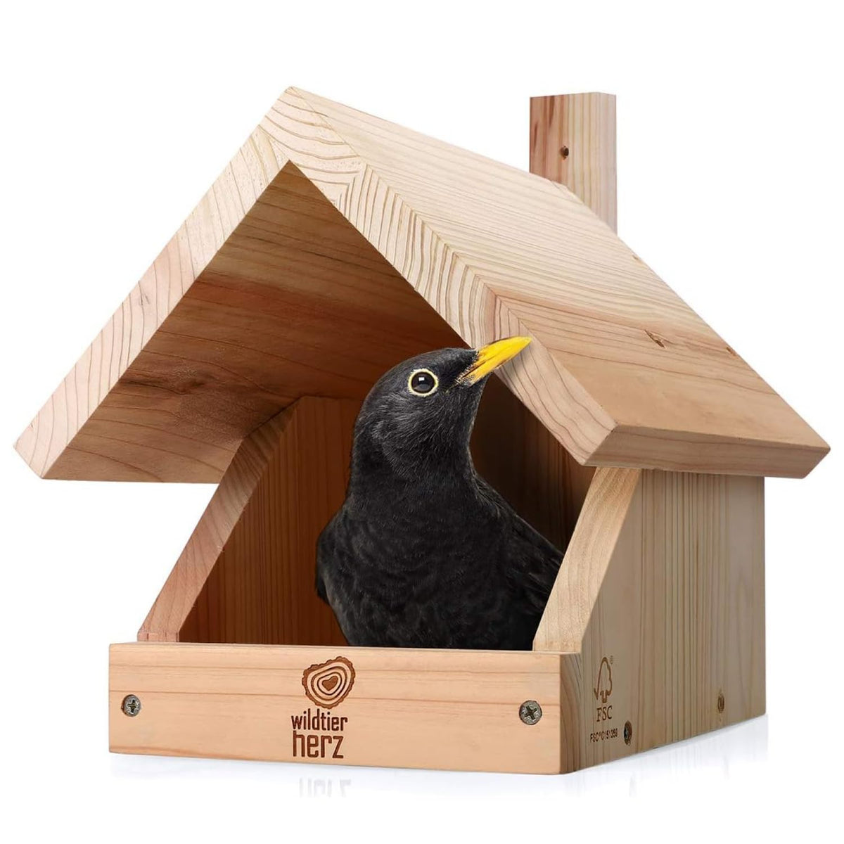 Front view of wildtier herz solid wood blackbird nesting box