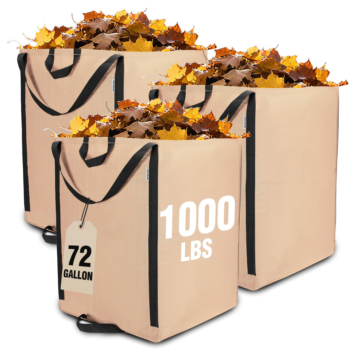 Front view of WORKPRO 72-Gallon reusable yard waste bag in light tan