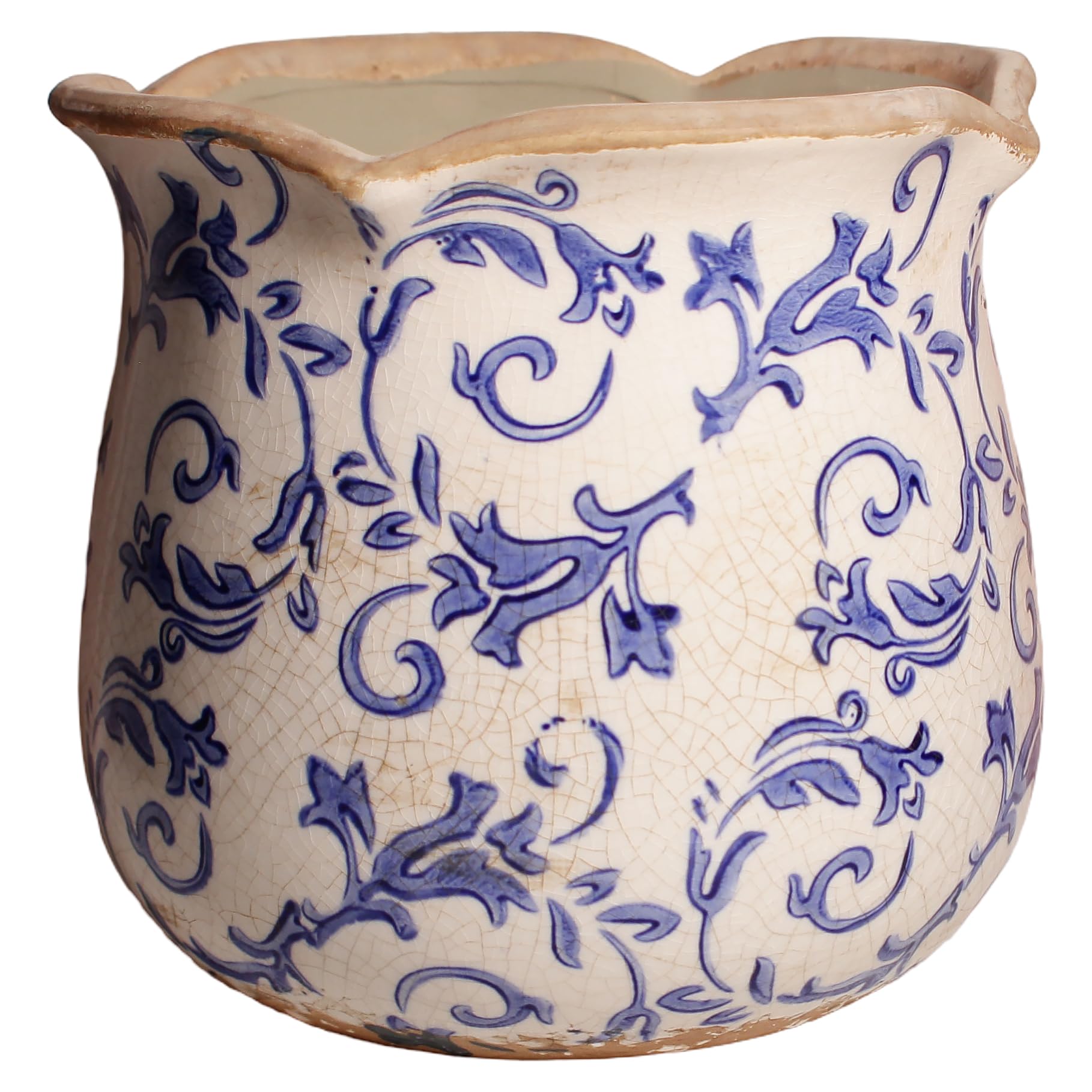 Front view of Xiaan Jiaju Retro Distressed Ceramic Planter with Blue Swirls