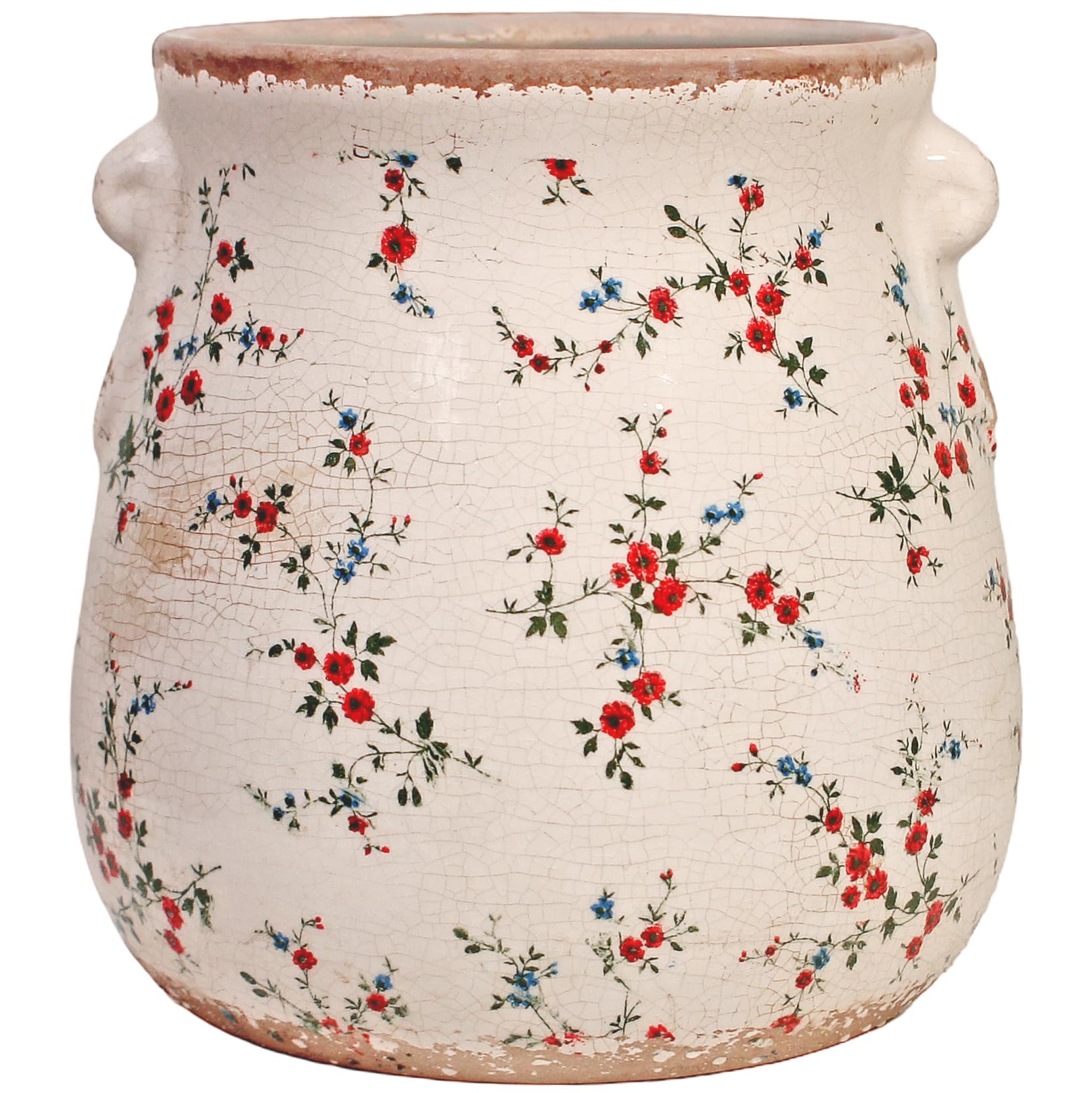 Front view of Xiaan Jiaju Shabby Chic Ceramic Vase in Cottage Red/Green Floral