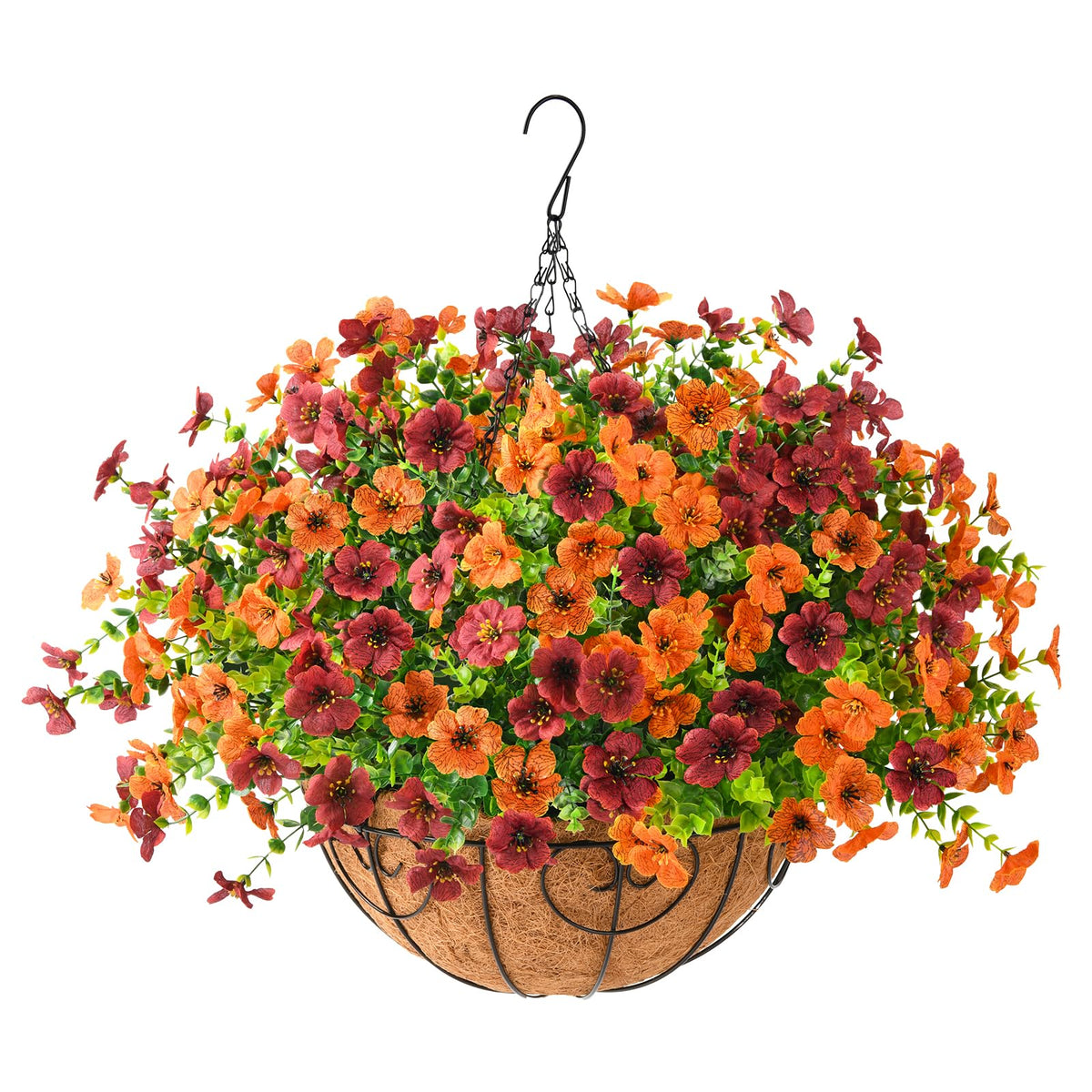 Front view of ZFProcess Artificial Fall Hanging Flowers Basket with orange brown flowers
