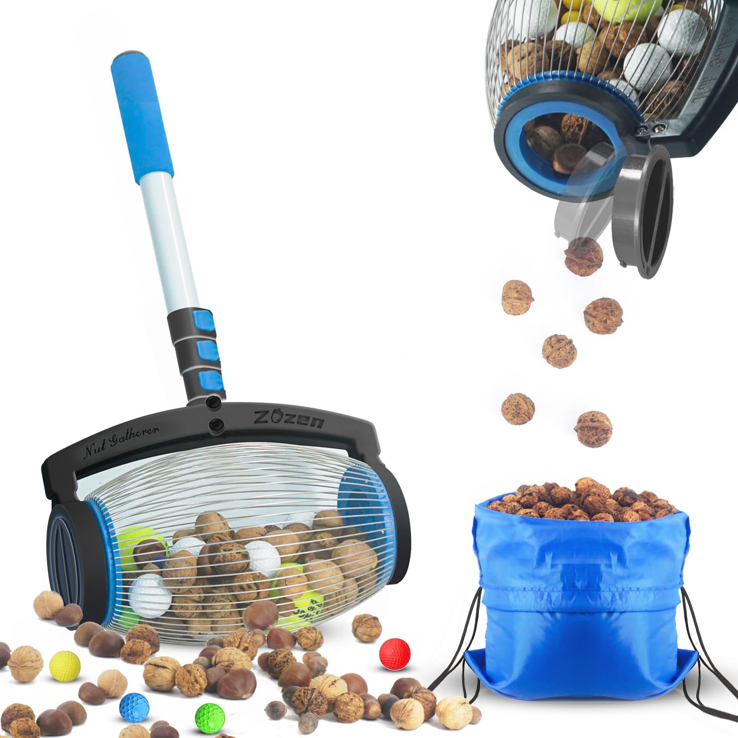 Front view of zozen Nut Gatherer showing the blue spherical basket