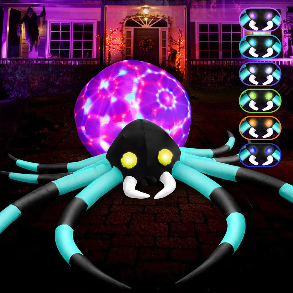 Front view of zukakii 12FT Giant Halloween Inflatable Spider with colourful eyes