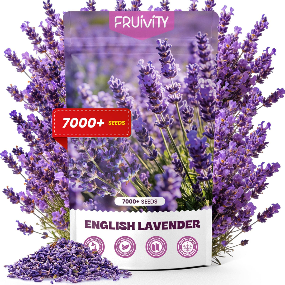 Fruivity Lavender Seeds packet front view with purple flowers