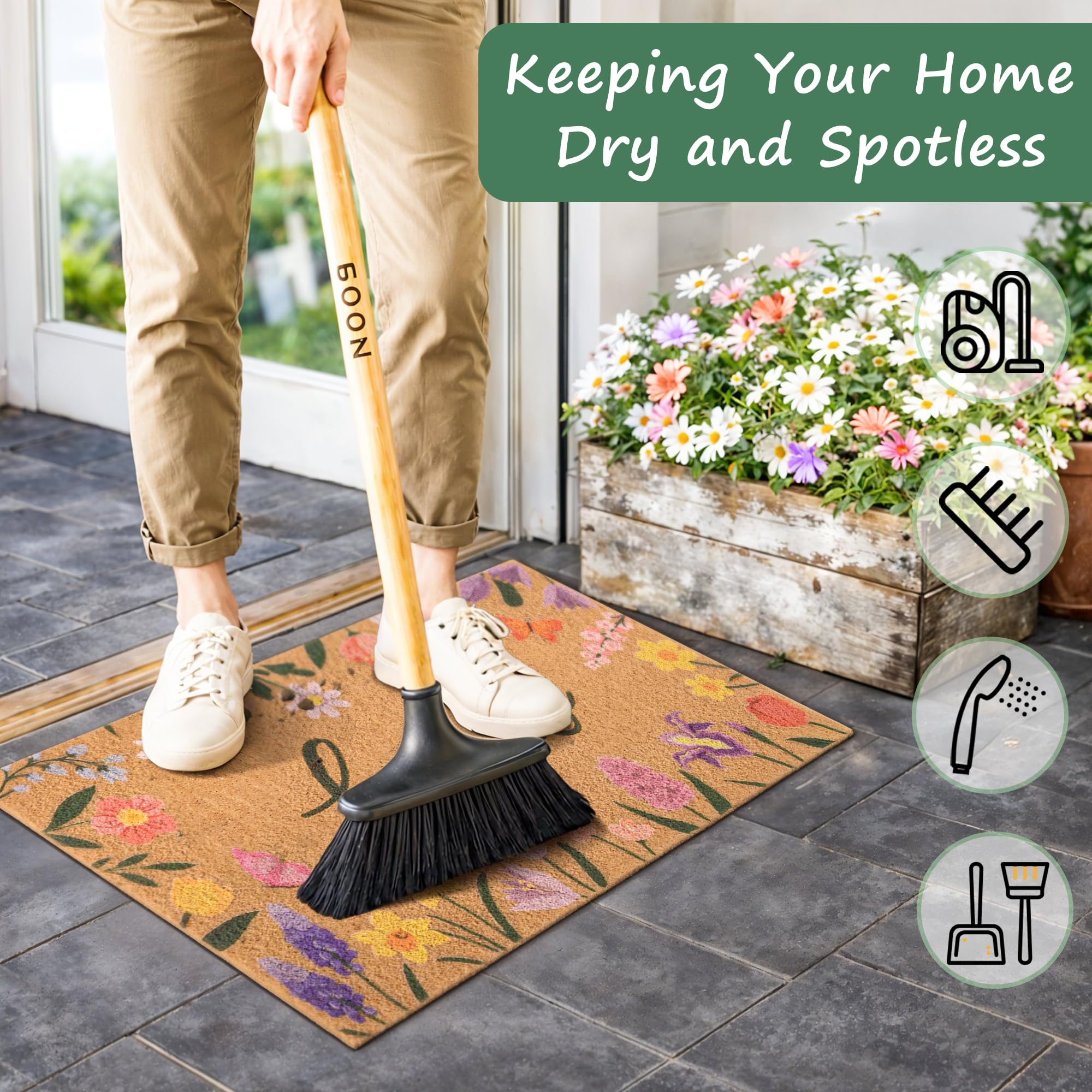 Fttoyoly Colorful Wildflowers Welcome Mat with shoes on it