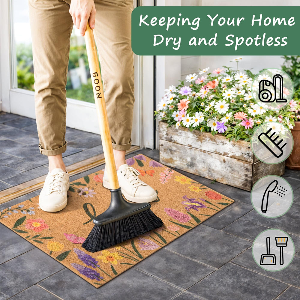 Fttoyoly Colorful Wildflowers Welcome Mat with shoes on it