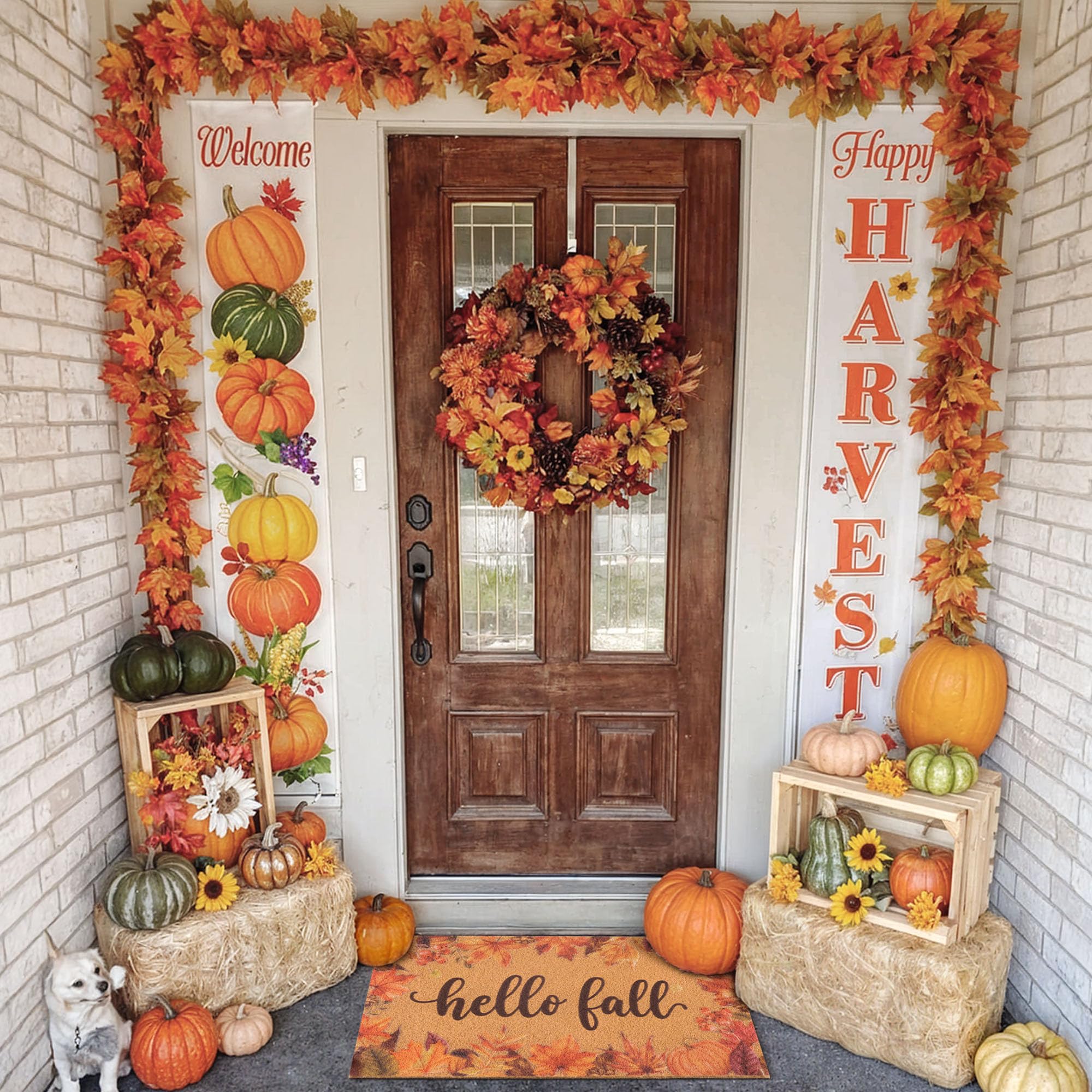 Fttoyoly doormat showcasing fall leaves and pumpkins design