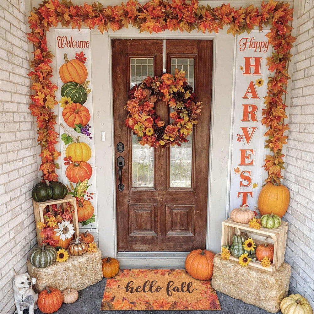 Fttoyoly doormat showcasing fall leaves and pumpkins design