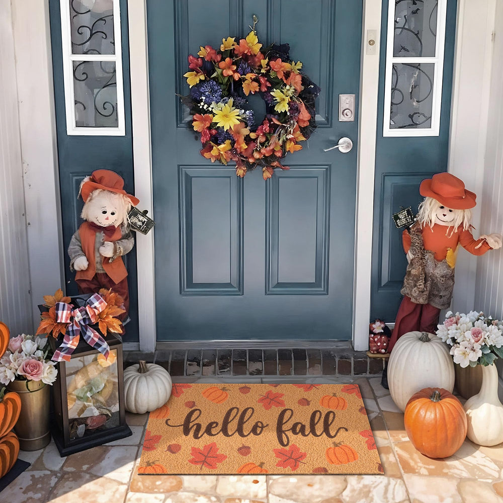 Fttoyoly doormat with autumn decor in a garden setting