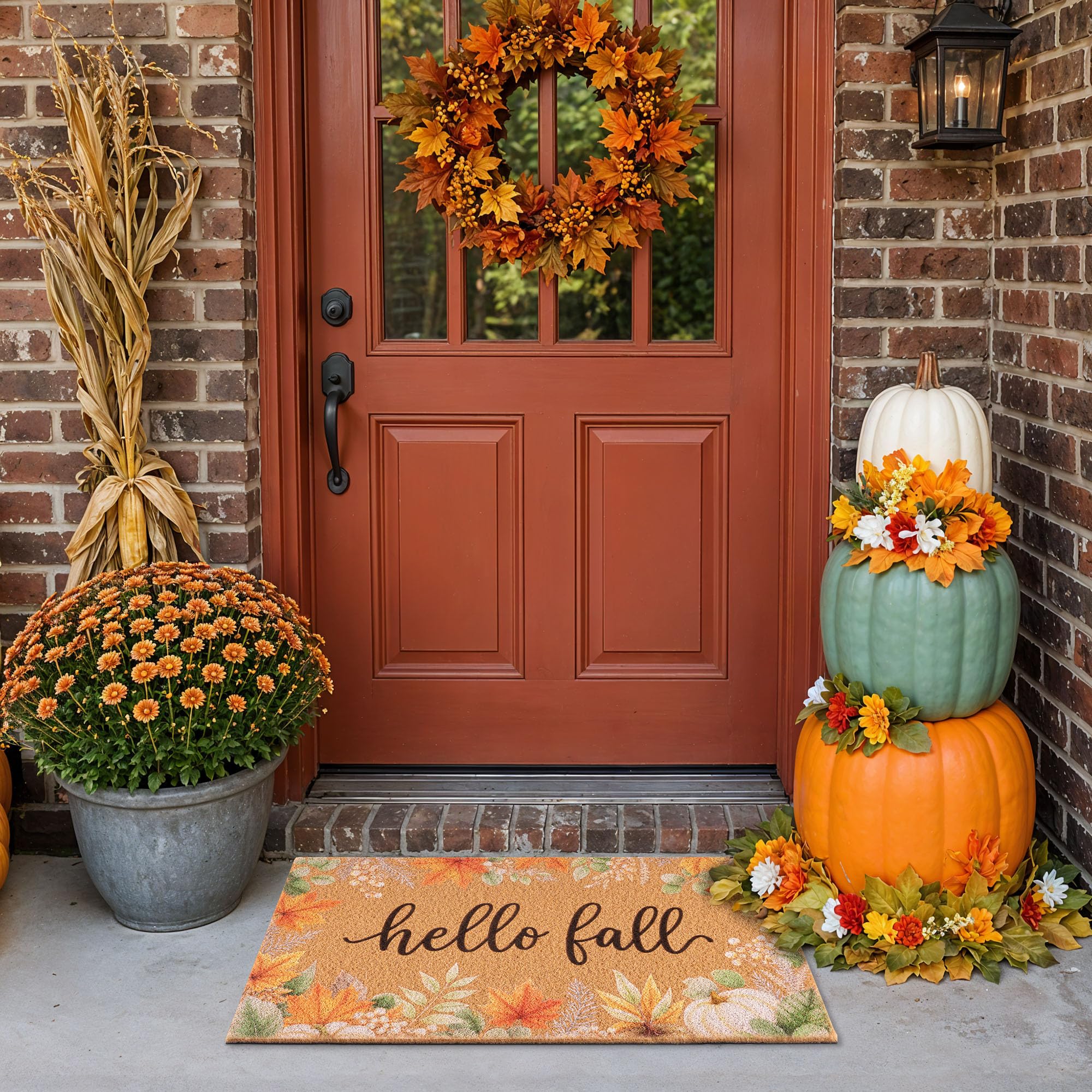 Fttoyoly Eucalyptus Pumpkin Door Mat in garden setting